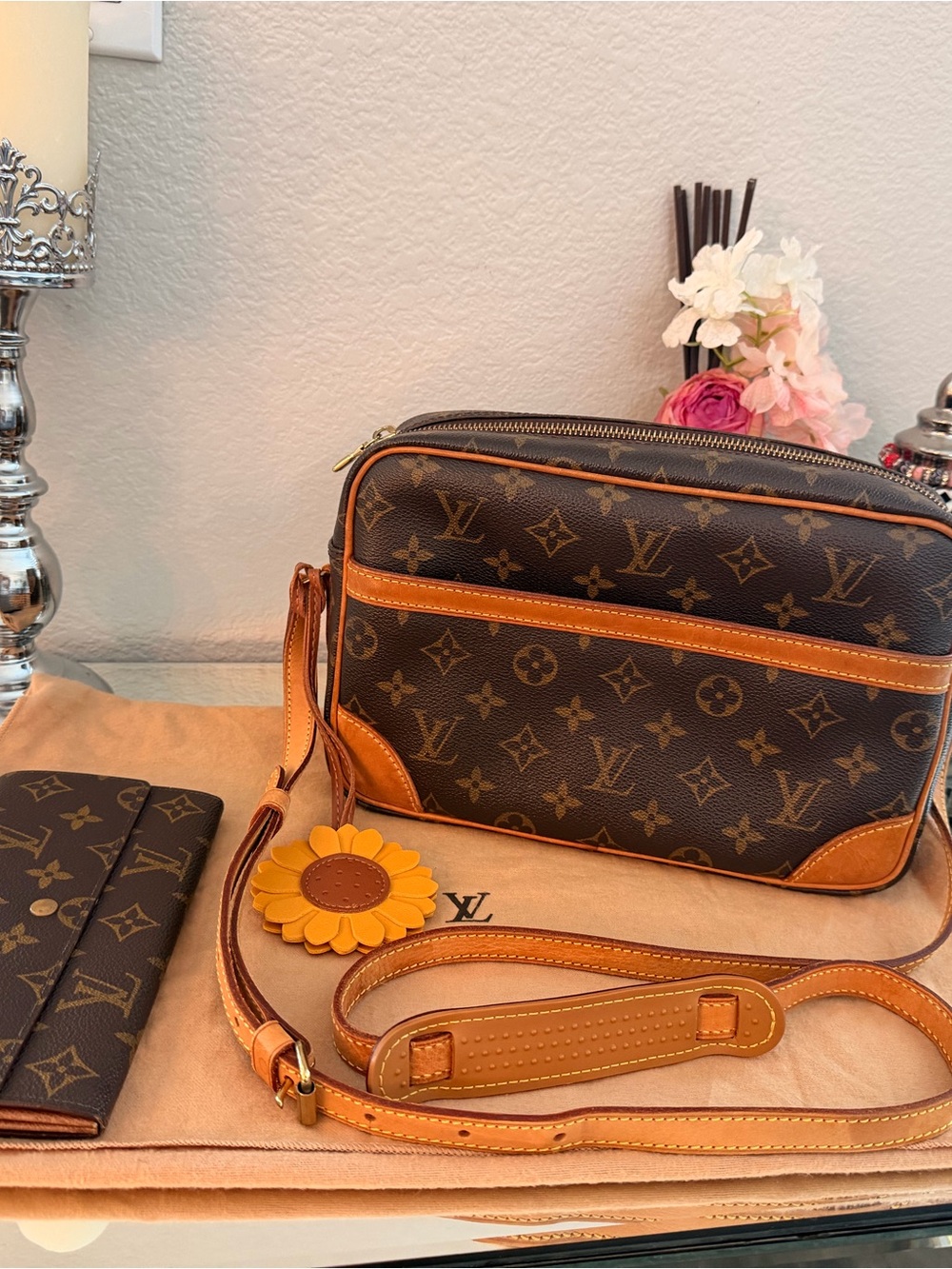 Louis Vuitton Brown Monogram Messenger Bag with Tan Trim and Sunflower Charm